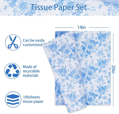 Miniatura 2 de AnyDesign 100 hojas de papel de seda floral azul chinoiserie papel de regalo vintage azul blanco papel de embalaje de flores de bricolaje para baby