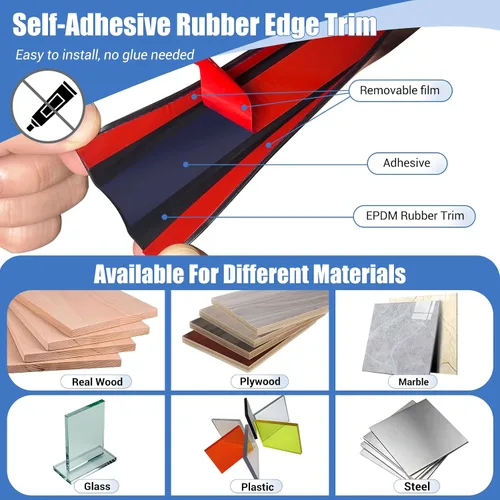 Miniatura 3 de Borde de goma protector, canal en U autoadhesivo de 1-1/2 pulgadas para maderas, bandas flexibles en forma de U para despegar y pegar, protector
