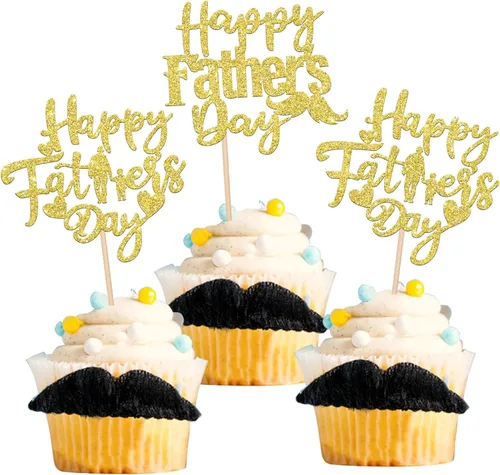 Miniatura 12 de Paquete de 24 adornos para cupcakes con purpurina para el Día del Padre, con purpurina para el mejor papá del mundo, sombrero de bigote #1