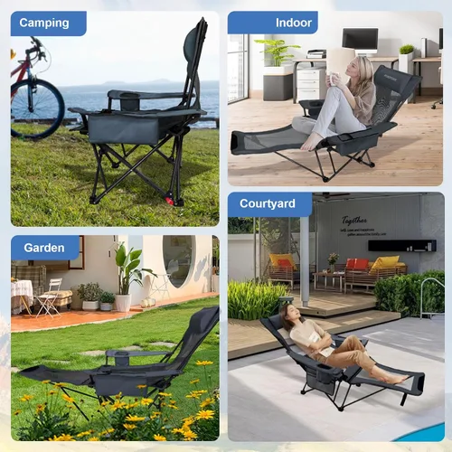 Miniatura 8 de Paquete de 2 sillas reclinables de camping de 4 posiciones con reposapiés, cómoda para adultos, silla de playa plegable de malla de 265 libras