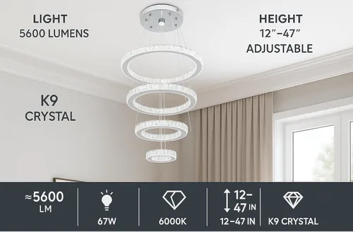 Miniatura 8 de Candelabro LED moderno contemporáneo de 2 anillos, luz colgante ajustable de acero inoxidable y cristal, accesorio de iluminación de techo