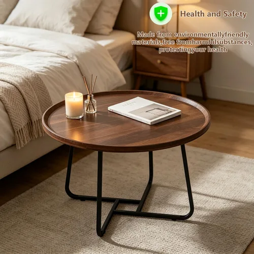 Miniatura 4 de Mesa auxiliar redonda pequeña, superficie de madera y patas de metal resistentes con estriado, mesa auxiliar para sala de estar, dormitorio