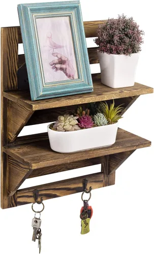 Estante organizador MyGift para pared, de madera marrón oscuro de 2 niveles con 2 ganchos para llaves, estante de almacenamiento para baño, cocina,