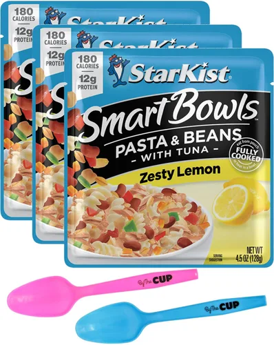 Starkist Smart Bowls, pasta de limón picante y atún de frijoles, 4.5 onzas (paquete de 3) con cucharas By The Cup Mood