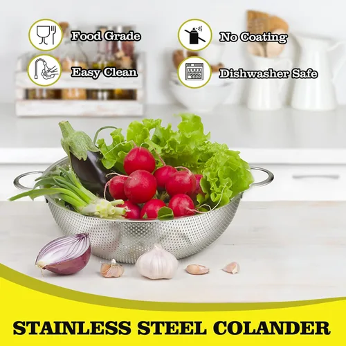 Miniatura 2 de P&P CHEF Colador de acero inoxidable, colador de alimentos microperforado con asa para lavar y drenar, ideal para pasta, frutas, verduras, apto