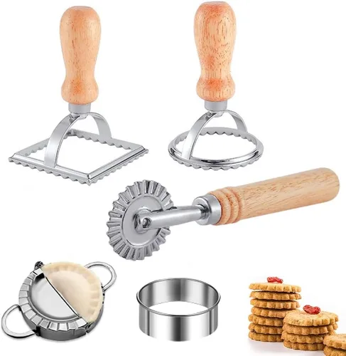 Miniatura 8 de Juego de ruedas de corte de raviolis de 5 piezas, fabricantes de raviolis con rodillo, juego de cortador de sellos de raviolis con mango de madera