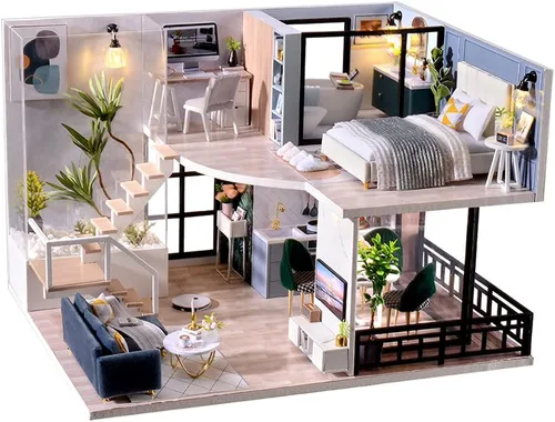 Miniatura 8 de TuKIIE Kit de casa de muñecas en miniatura con muebles, a escala 1:24, casa de muñecas de madera con accesorios, a prueba de polvo, con música
