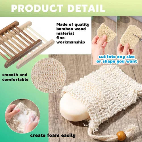 Miniatura 3 de Juego de 60 piezas de protector de jabón que incluye plato de madera, bolsa exfoliante, almohadillas protectoras a granel con autodrenaje, bolsa