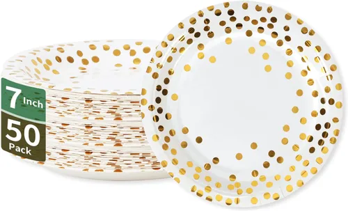 Miniatura 17 de Platos de papel para fiesta de puntos negros y oro rosa, 50 piezas desechables para fiestas, platos de papel de postre para cumpleaños, bodas