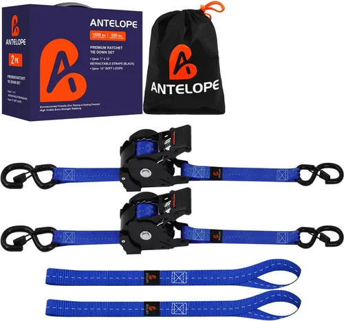 Correas de trinquete retráctiles resistentes (paquete de 2) – Correas de amarre autorretráctiles de 1 pulgada x 12 pies con bucle suave, correas de