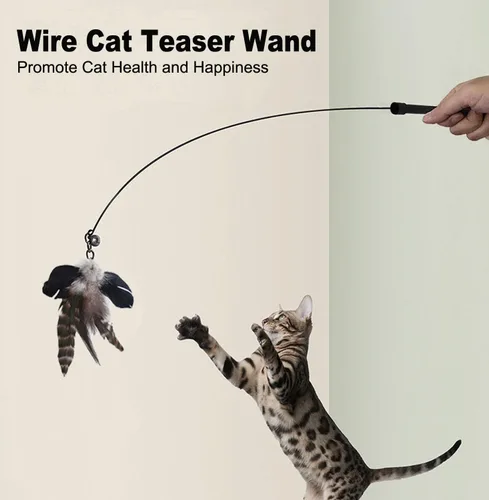 Miniatura 5 de Yauende Juguetes de plumas para gatos, juguetes interactivos para gatos de interior, 2 piezas de alambre flexible y 5 juguetes de plumas de gato