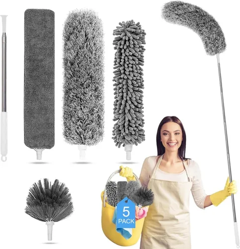 Tiumso Kit de plumero de microfibra 5 en 1, plumeros para limpieza, plumero con poste de extensión de 100 pulgadas, plumero de telaraña, plumeros de