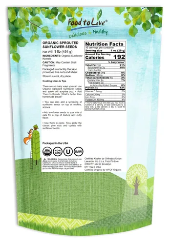 Miniatura 2 de Food to Live Semillas de girasol germinadas orgánicas, 1 libra sin OMG, Kosher, sin cáscara, sin sal, granos crudos, superalimento vegano, comida