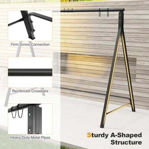 Miniatura 5 de Tangkula Columpio de porche con soporte, columpio colgante de madera para patio con 2 portavasos y marco de metal resistente en forma de A, columpio