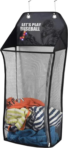 Store & Score Cesta de Lavandería de Malla Plegable Colgante para Puerta con Luces LED de Béisbol Divertida para Niños, Baúl de Juguetes, Ganchos de