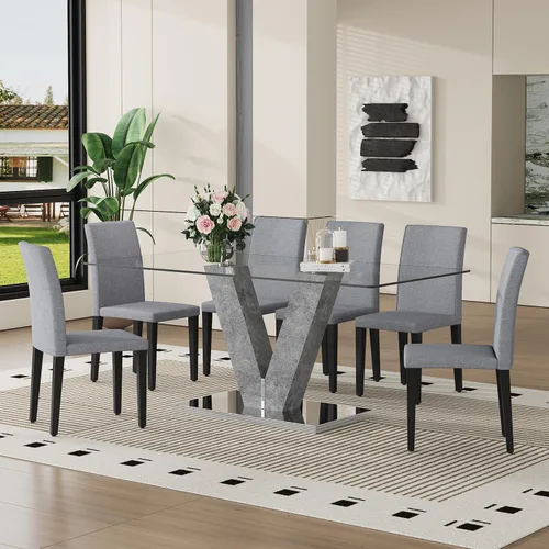 Miniatura 12 de Juego de mesa de comedor de cristal moderno de 71 pulgadas para 6, juego de mesa de comedor de 7 piezas con sillas y mesa de vidrio templado