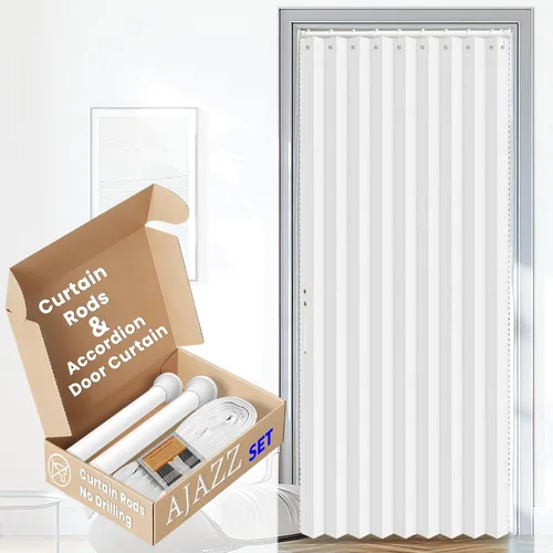 Miniatura 12 de AJAZZ Conjunto: Barras para cortinas sin perforación (28-39" de ancho) y cortina acordeón para puerta, beige 43" de ancho × 78" de largo, puertas
