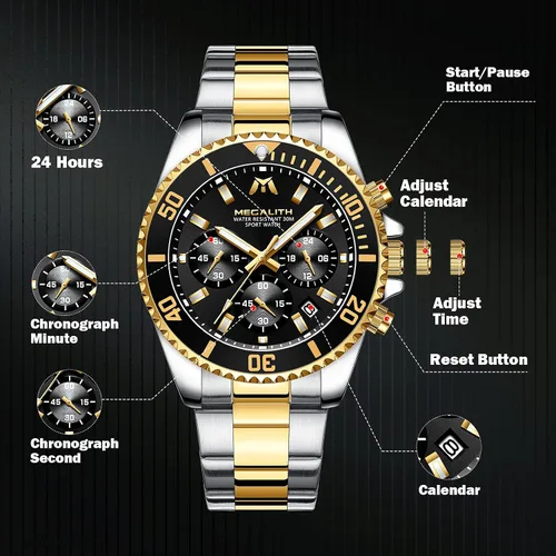 Miniatura 6 de MEGALITH Relojes para hombre, acero inoxidable, impermeable, analógico, de cuarzo, cronógrafo, de negocios, para hombres, fecha automática