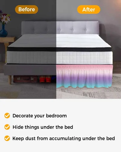 Miniatura 3 de Coloredd Falda de cama de arco iris, tamaño Queen de 16 pulgadas de caída, ajustable y elástica, faldas de cama plisadas de lujo con volantes
