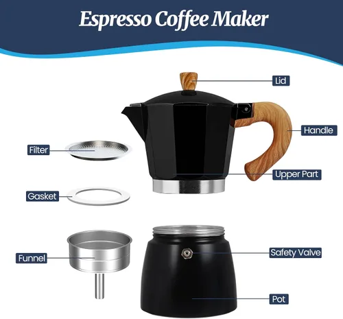 Miniatura 3 de Moka Pot - Cafetera italiana de aluminio de 15.2 fl oz, cafetera para estufa, cafetera espresso Mocha Pot (negro, 3 tazas)