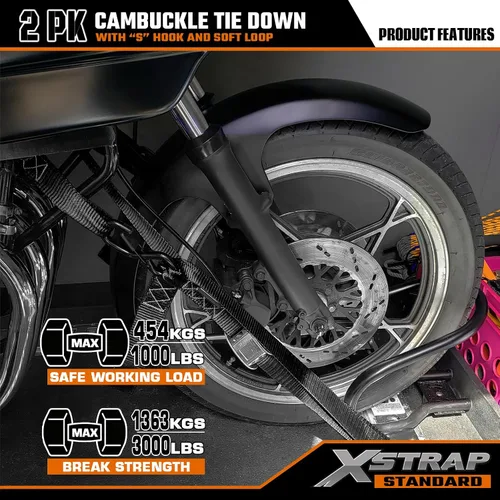 Miniatura 6 de XSTRAP STANDARD Correas de amarre para motocicleta (paquete de 2) 3,000 libras de resistencia a la rotura, 1.5 pulgadas x 8 pies, juego de amarre