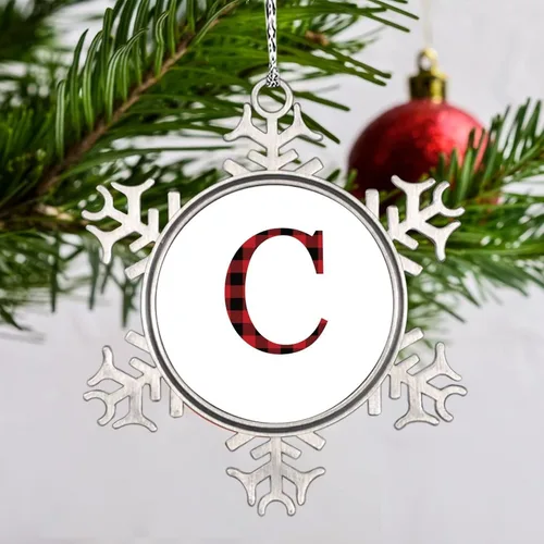 Miniatura 4 de Monograma inicial letra A copo de nieve, adornos de letras rojas y negras a cuadros para árboles de Navidad, adornos de Navidad personalizados