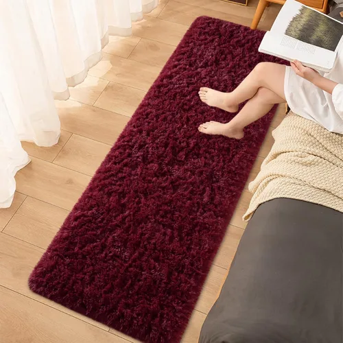 Miniatura 5 de Alfombras suaves color vino tinto para dormitorio, de 2 x 6 pies, alfombra mullida y esponjosa para al lado de la cama, alfombras de pelo peludo A