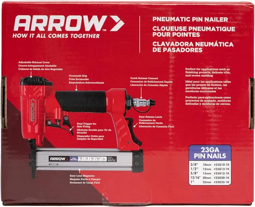 Miniatura 10 de Arrow PT23G - Pistola de clavos neumática compacta de calibre 23, sin aceite, se adapta a clavos de 3/8", 1/2", 5/8", 13/16" y 1