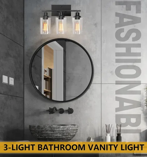 Miniatura 2 de Lámparas de baño, 3 luces, lámpara de tocador negra con pantalla de vidrio transparente, lámpara de pared moderna con marco de metal, lámparas