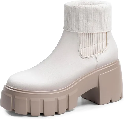 Miniatura 7 de FITORY Botas Chelsea para mujer, botines de tobillo elásticos con tacón medio grueso y suela con tacos, zapatos cómodos y modernos sin cordones