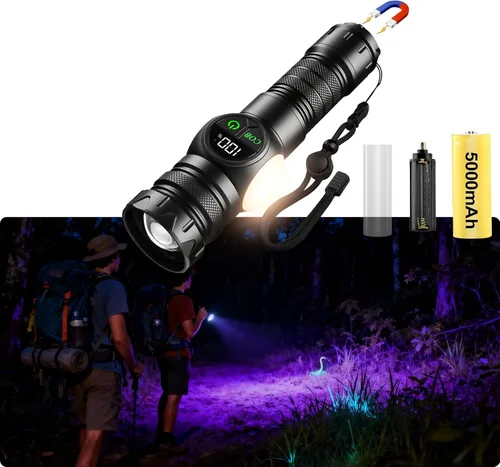 iodoo 4 en 1 linterna recargable UV 6500K / 395nm con atenuación sin escalones, 5000 lúmenes, haz zoom, luz UV IP45, linterna LED de Halloween de