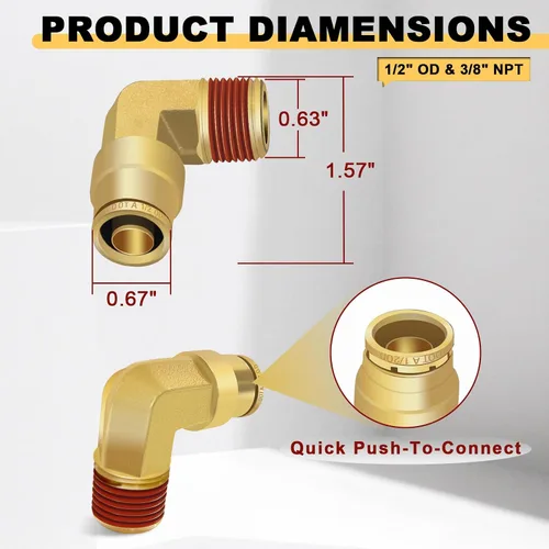 Miniatura 5 de Siptenk Codos de 1/2" DOT de latón DOT de aire de conexión rápida DOT accesorios de línea de aire DOT 5 piezas, tubo de 1/2" OD x rosca NPT de 3/8