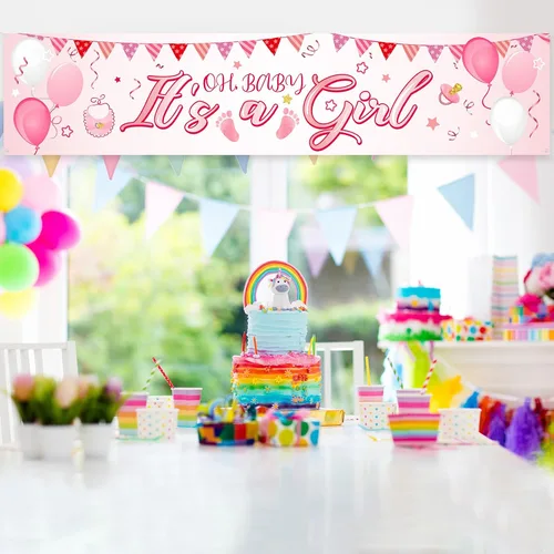 Miniatura 5 de Cartel con texto en inglés "It's a Girl", decoración de baby shower, horizontal de tela rosa, grande, de tela grande, con texto en inglés "It is a