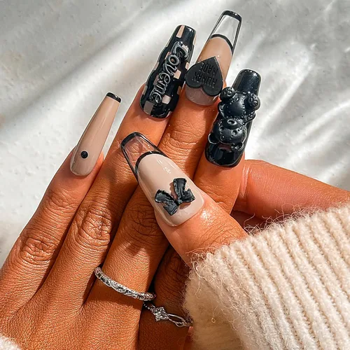 Miniatura 6 de Uñas postizas largas con diamantes de imitación rojos con cristales de corazón 3D, degradadas, hechas a mano, a presión, para salón de uñas, uñas