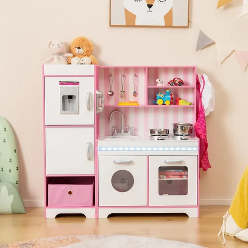 Miniatura 9 de KOTEK Juego de cocina con luces y sonidos, juego de cocina de madera para niños pequeños con máquina de hielo, lavadora, 16 accesorios y estufa, Rosa