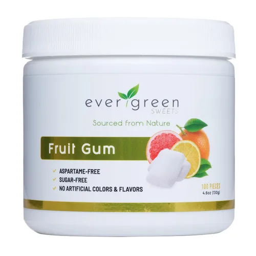 Evergreen Sweets Chicle – Tarro de 100 piezas – Chicle de fruta natural hecho con xilitol y stevia – Sin azúcar, sin aspartamo y vegano, paquete de 3