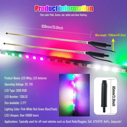 Miniatura 7 de YEORO 2 piezas Tiras LED Dobles RGB 270 Luces Estroboscópicas Automáticas de Antena Impermeables para UTV, ATV (2.4 pies)