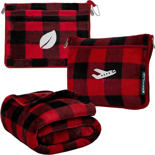 Miniatura 10 de PAVILIA Manta de viaje y almohada, suave manta de avión de forro polar acanalado con bolsa, manta compacta de avión plegable de 65 x 40 pulgadas