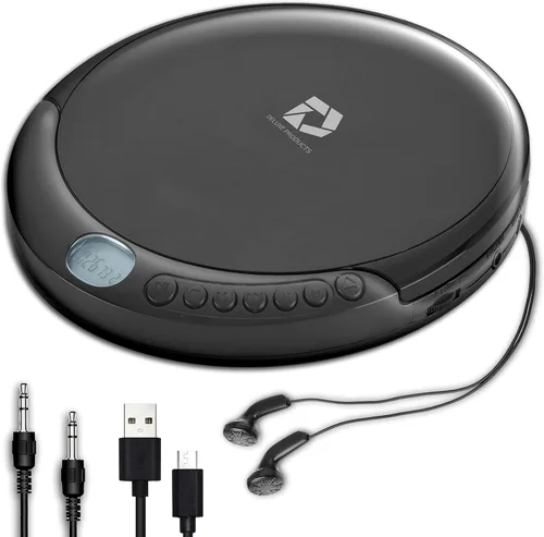 Deluxe Products Reproductor de CD portátil con protección antideslizante de 60 segundos, auriculares estéreo, incluye cable de entrada auxiliar y
