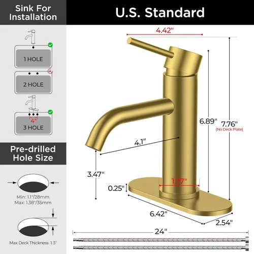 Miniatura 4 de FORIOUS - Grifo de baño dorado de 1 agujero, grifo de lavabo de acero inoxidable con desagüe emergente de metal y manguera de suministro, adecuado