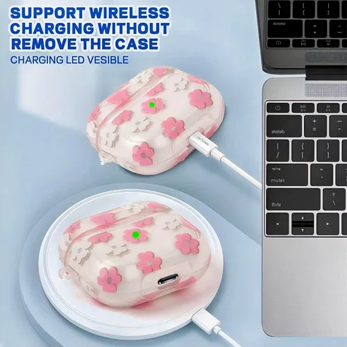 Miniatura 2 de Bonita funda compatible con AirPods 3 2021, diseño de patrón floral de dibujos animados para mujeres y niñas, funda protectora de silicona suave a