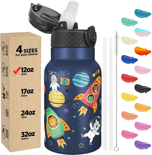 Miniatura 62 de Han's Bottle - Botella de agua para niños con tapa con pajilla - Vaso reutilizable de acero inoxidable aislado para niñas, niños, taza termo, 17