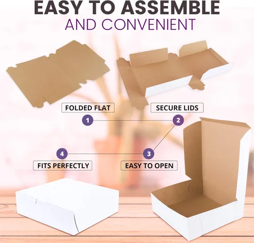 Miniatura 6 de Fit Meal Prep Paquete de 25 cajas de pastelería de 9 x 9 x 3 pulgadas, caja de panadería blanca para galletas, cartón de papel kraft compostable