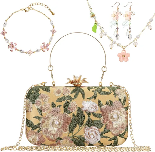 4 Pcs Vintage Floral Embroidered Clutch Jewelry Set, Evening Handbag Necklace Earrings Bracelet Wedding Gift Prom Christmas
