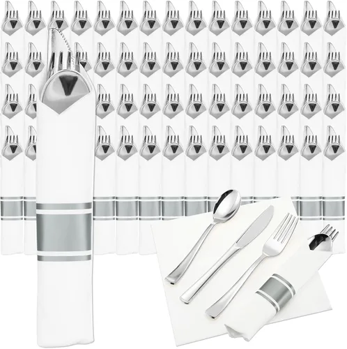 Miniatura 8 de Zubebe Juego de 800 cubiertos preenvueltos de plástico desechables con 200 tenedores, 200 cuchillos, 200 cucharas, 200 servilletas para bodas, Dorado