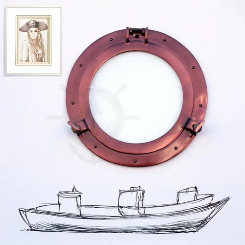 Miniatura 11 de Nagina International Espejo y ventanas de buey náutico con acabado de latón antiguo con recubrimiento en polvo, espejo de decoración de pared