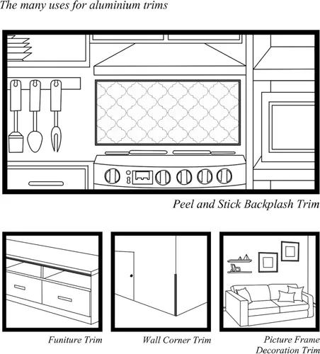 Miniatura 7 de SUNWINGS Paquete de 10 adornos de azulejos de aluminio de 12 pulgadas para despegar y pegar, borde decorativo para salpicaduras de cocina, Negro mate