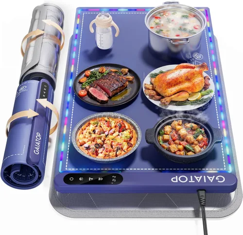 Gaiatop Tapete de calentamiento para alimentos con salvamanteles y luz, tapetes de calentamiento de alimentos abundantes para encimera, 6 niveles de