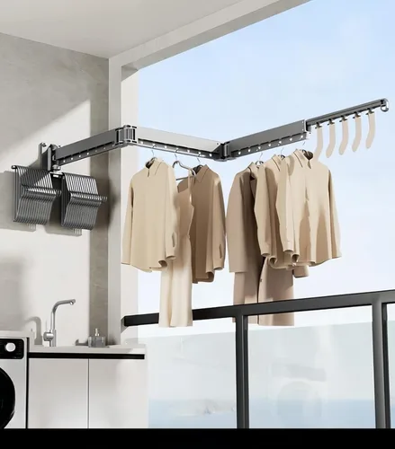Miniatura 9 de Estante de ropa montado en la pared, estante de secado de ropa plegable extendido para dormitorio y baño, estante de secado de ropa elástico