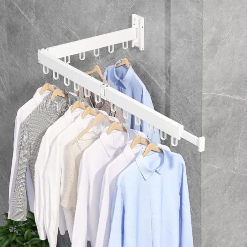 Miniatura 8 de ZdwCyl Tendedero de ropa montado en la pared, tendedero de ropa, estante para colgar ropa, retráctil, plegable (tres pliegues), color blanco (anillo)